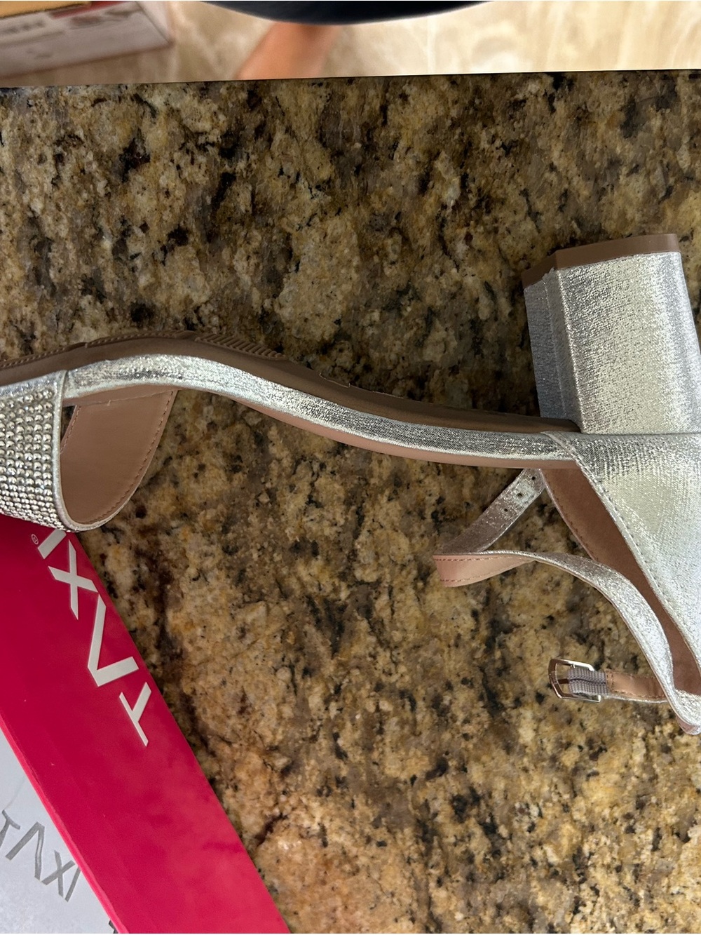 Silver Rhinestone Block Heel Sandals with Ankle Strap